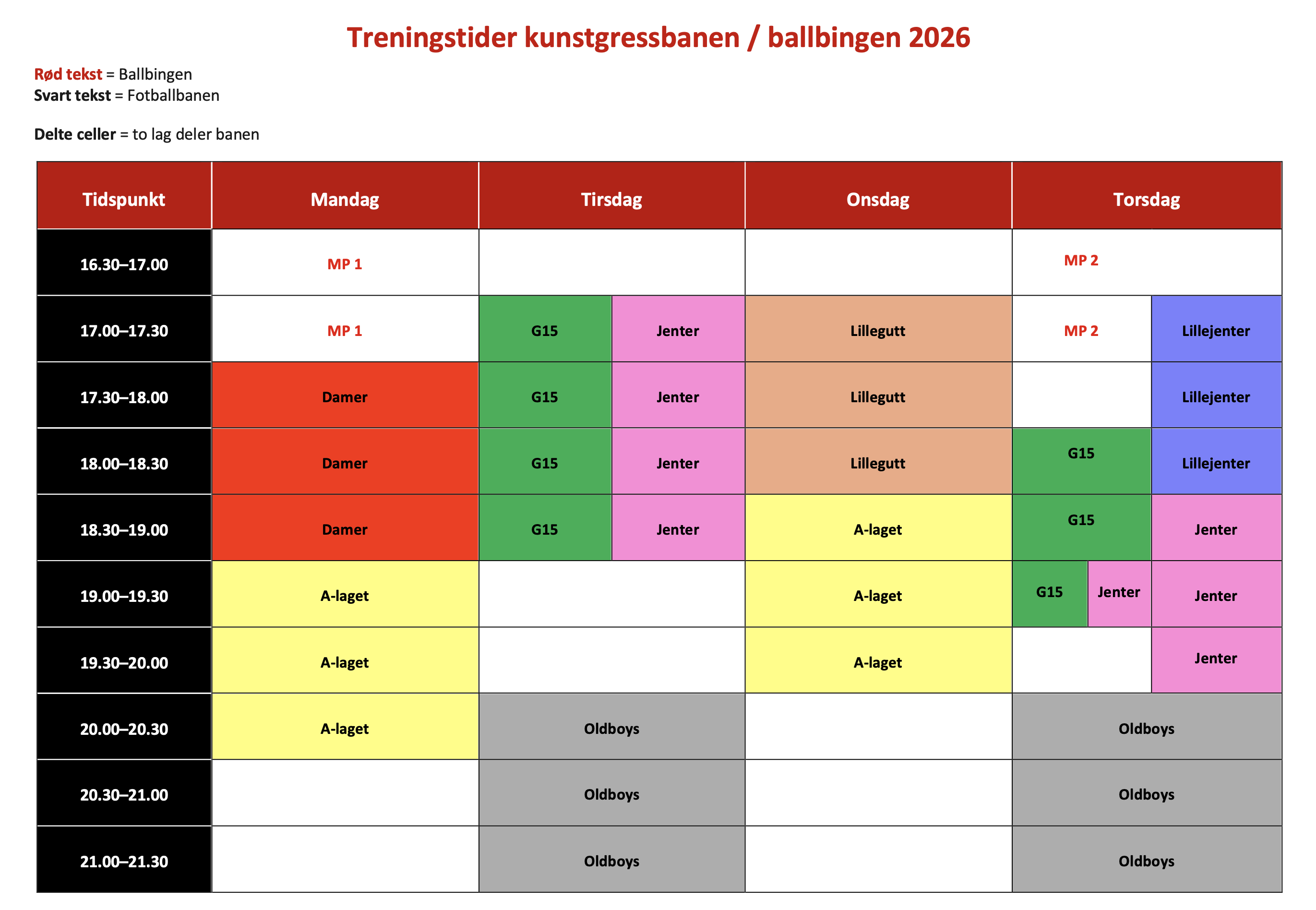 Treningstider kunstgressbanen 2026
